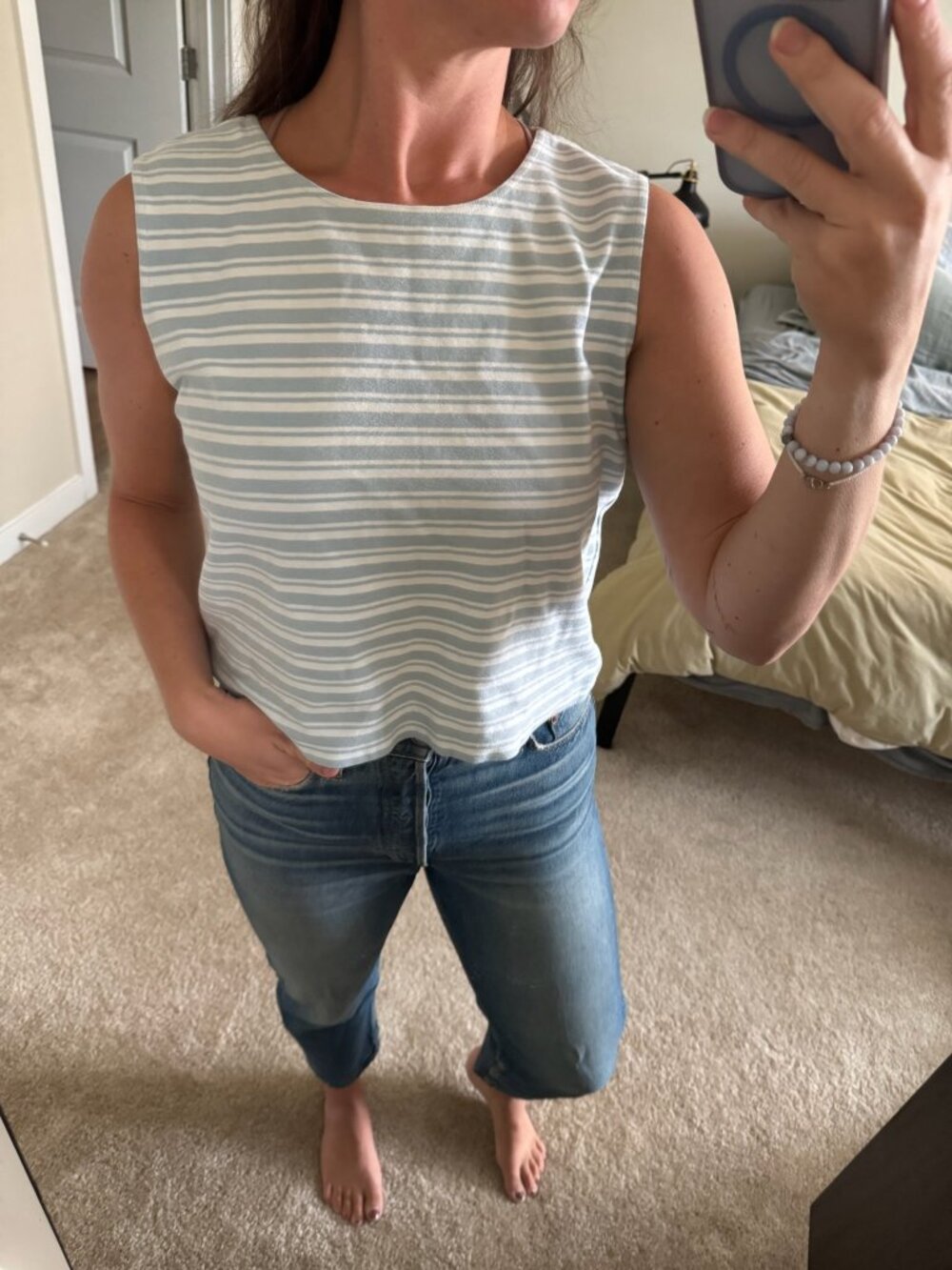 Vintage Ellen Tracy Blue and White Striped Tank Top Size Large
